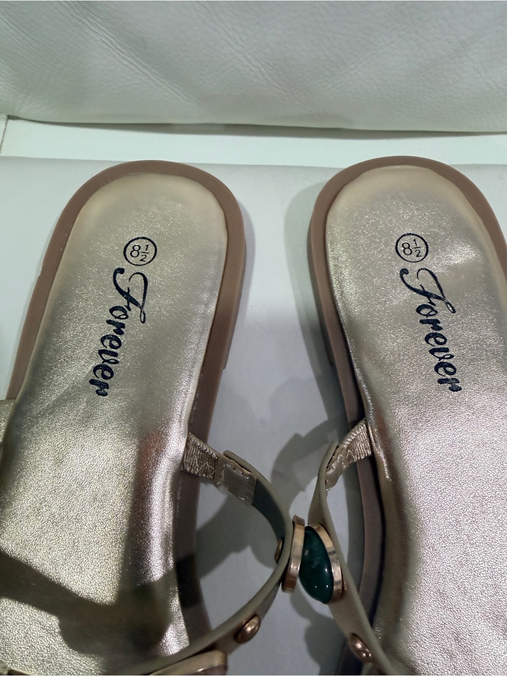Forever 21 Tan Slide Sandals with Green & Gold Gem Accents. Exellent Condition - Picture 6 of 9